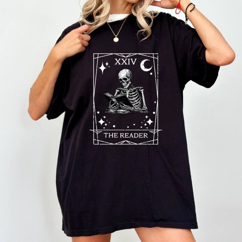 The Reader Tarot Card Shirt - Skeleton Reading - Unisex Book Lover Gift